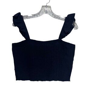 Anrabess Smocked Crop Top Linen Blend XL Dark Blue New Ruffled Straps